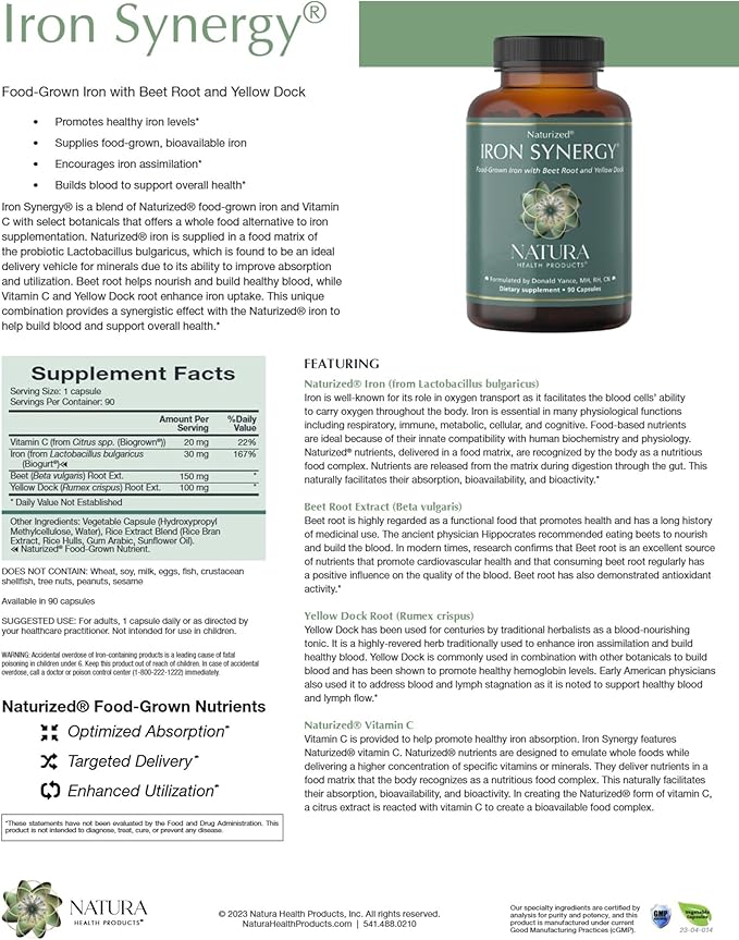 Natura Health Product Iron Synergy Supplement - Supplies Food-Grown Bioavailable &amp Promotes Healthy Levels - 30mg Iron Complex Featuring Beet Root Extract &amp Vitamin C (90 Capsules)