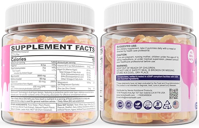2 Pack Myo-Inositol &amp D-Chiro Inositol Hormone Balance for Women | Sugar Free Inositol Gummies w/ Omega 3 MTHF Folate Vitamin D3 B12 Magnesium &amp Zinc for Ovarian Health Ideal 40:1 Ratio
