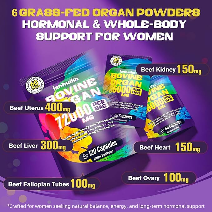 Beef Organ Supplement for Women - 100% Grass Fed Beef Organs with Bovine Liver Ovary Uterus Kidney Heart &amp Fallopian Tubes - PMS Menopause &amp Energy Immune &amp Mood Support 120 Count