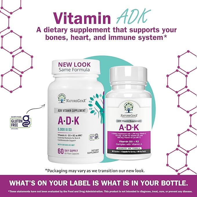 NatureGenX ADK Vitamin Supplement – Vitamins A D3 &amp K2 MK-7 for Bone Health &amp Calcium Absorption – Gluten-Free Non-GMO Soy-Free – 60 Capsules (2-Month Supply)