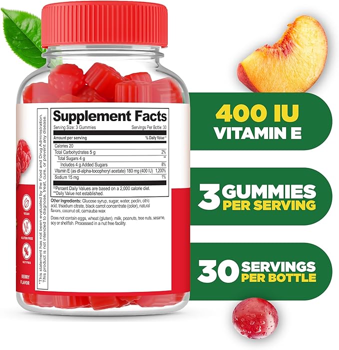 Lifeable Vitamin E Gummies | 400 IU | Great Tasting Vitamin E Supplements | Skin Eye Health and Immune Function Support | VIT E for Adults Men Women | 90 Gummies