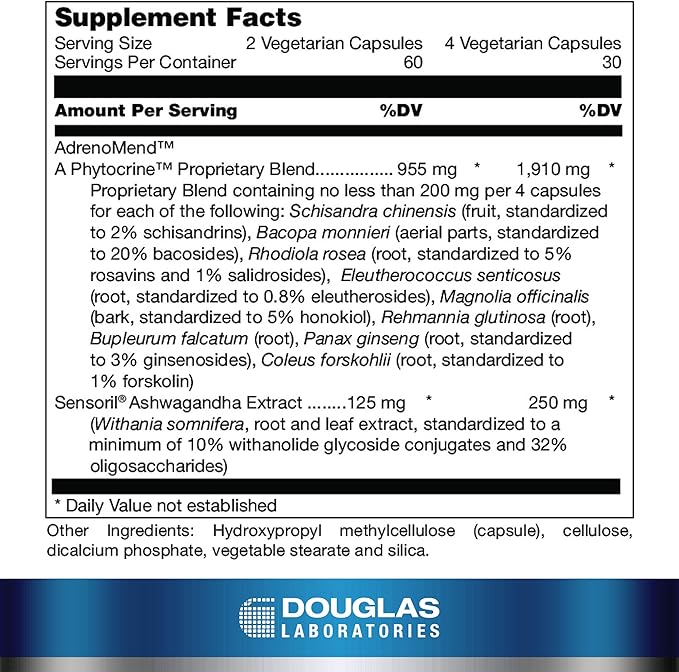 Douglas Laboratories AdrenoMend - Rhodiola Herbal Supplement - Adrenal Support - With Ashwagandha Bacopa Monnieri &amp Other Adaptogens - Non-GMO - 120 Vegetarian Capsules
