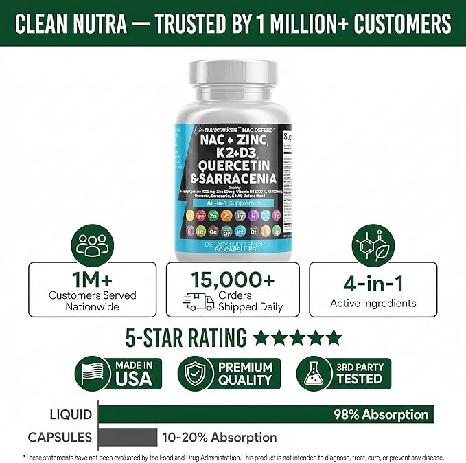 NAC Supplement N-Acetyl Cysteine Vitamin D3 K2 Zinc Quercetin Sarracenia Purpurea Immune Support | Elderberry Holy Basil Bee Propolis Bromelain L-Lysine Capsules Supplements For Women Men Adults
