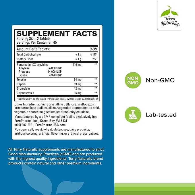 Terry Naturally Clinical Digestive Enzymes - Digestion Supplement for Nutrient Absorption - Includes Undiluted Pancreatic Enzymes - Gluten-Free Dairy-Free &amp Non-Soy - 90 Tablets (45 Servings)