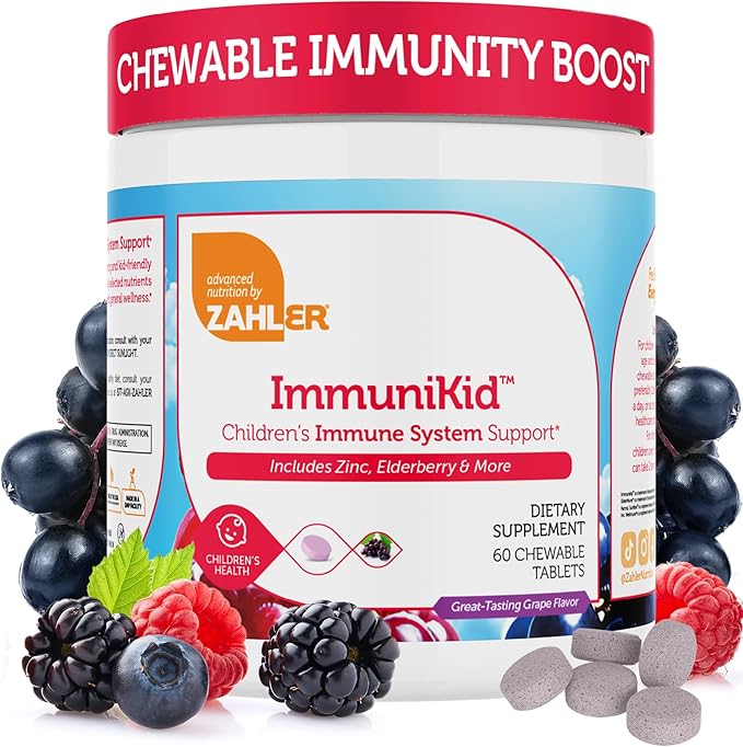 Zahler Kids Immune Support Supplement with Elderberry Zinc and Vitamin C D3 A - Grape Flavored Chewable Tablets - Kosher Children's Immune Support for Kids Ages 4 and Up 60 Count