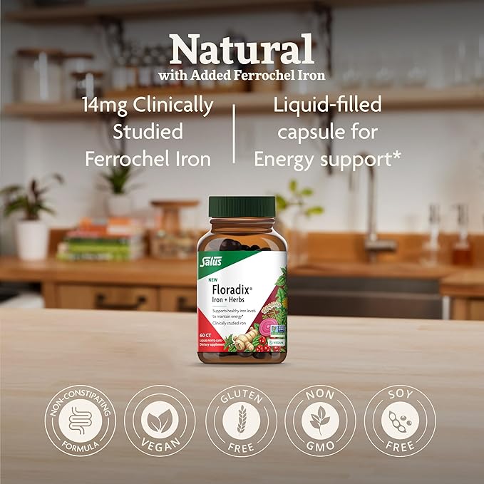 Floradix Iron + Herbs - Iron Supplement for Healthy Energy Support* - Supports Red Blood Cell Formation - Vegan Non-GMO Gluten-Free Soy-Free - 60 Liquid Phyto-Caps