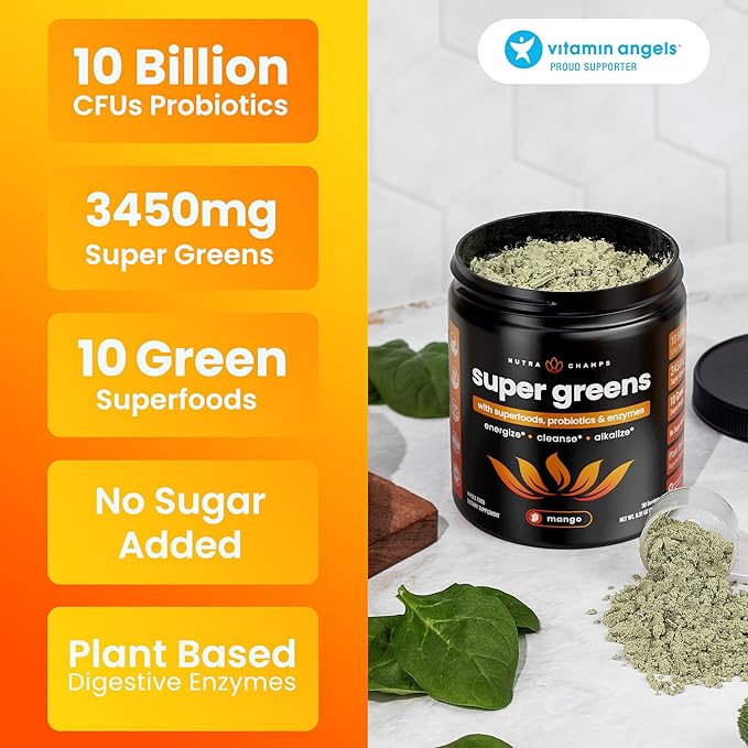 NutraChamps Super Greens Powder Premium Superfood | 20+ Organic Green Veggie Whole Foods | Wheat Grass Spirulina Chlorella | Antioxidant Digestive Enzyme &amp Probiotic Blends (9.0 OZ Mango)