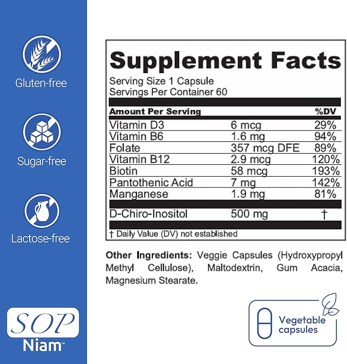 60 Day Supply | D-Chiro Inositol Supplement for PCOS - 500mg | Folic Acid Vitamin B6 B12 D3 &amp Biotin | Polycystic Ovary Syndrome | Hormonal Balance &amp Fertility Support