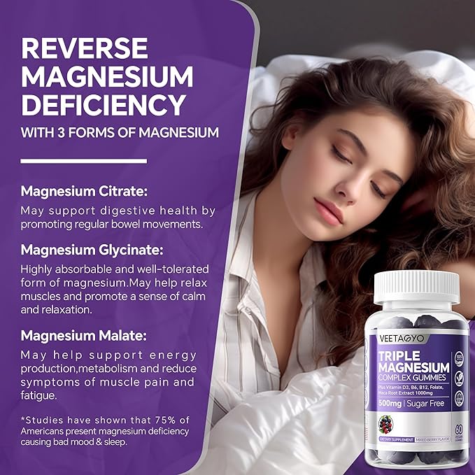 VEETAGYO Magnesium Gummies 500mg 400mg | High Absorption Bone Nerves Muscle | 3 Forms of Magnesium Complex Supplement GlycinateTaurateMalate | Adults - VeganSugar Free120Cts