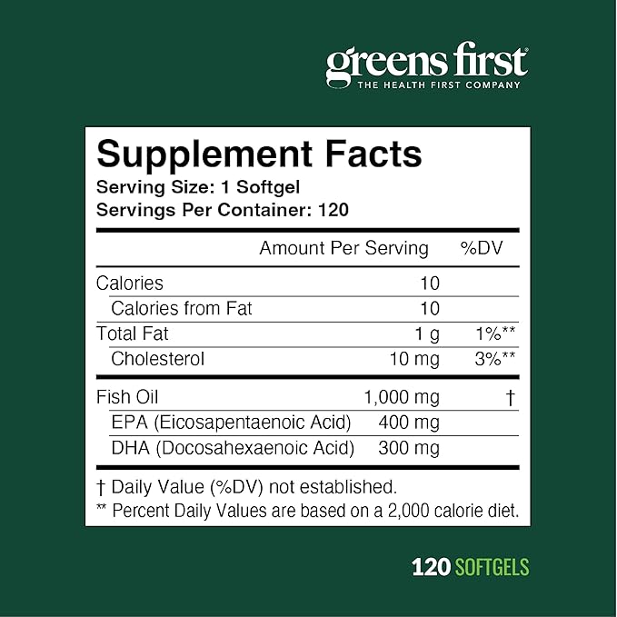 Greens First Omega-3 Optimize Daily Supplement Ultra-Pure Potent Marine Oil - for Heart Brain &amp Joint Health - High EPA/DHA - Immune Support - 850mg - 120 Softgels