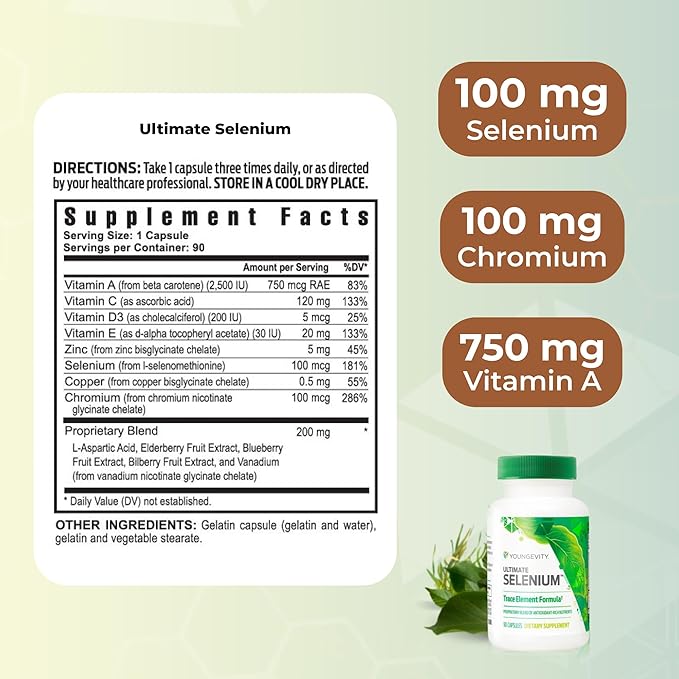 Youngevity Ultimate Selenium + Cofactors - Essential Mineral Supplement for Immune Support Antioxidant Defense Thyroid Function and Cellular Health (I-selenomethionine) - (90 Capsules)