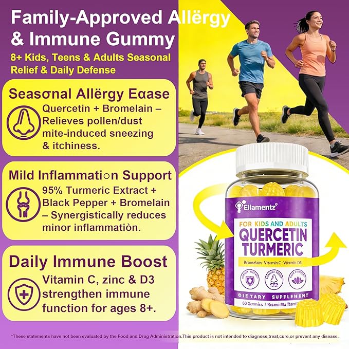 ELLAMENIZ Quercetin Gummies 1000mg for Kids &amp Adults with Bromelain and Turmeric Black Pepper Extract Vitamin C Zinc &amp D3 –Seasonal &amp Immune Health Antioxidant Support – Family Friendly