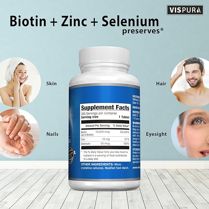 Biotin 10000 mcg + Zinc + Selenium Pure Vegan &amp Extra Strong Best Supplement for Hair Growth Glowing Skin Strong Nails* 365 Tablets for 12 Months Natural Without Additives