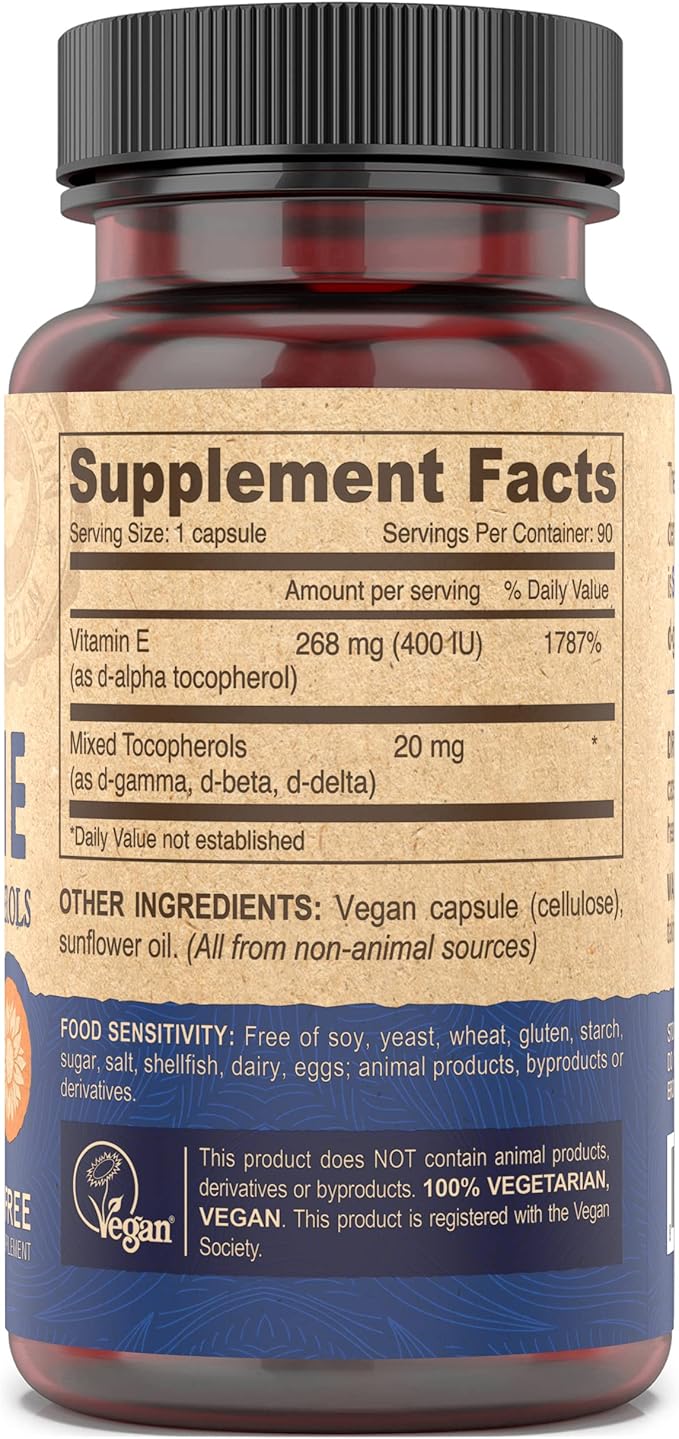 DEVA Vegan Vitamins Natural Vitamin E 400IU with Mixed Tocopherols Supports Immune System &amp Skin Nutrition Natural Antioxidant &amp Gluten Free Dairy Free Non-GMO 90 Capsules