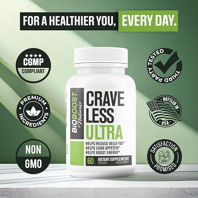 Crave Less Ultra - Supports GLP-1 Pathway Function - Weight Loss Pills/Appetite Suppressnt + Fat Burner for Women &amp Men | Increase Energy - 3rd Party Tested Formula - 60 Capsules for Adults
