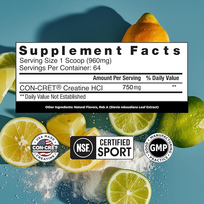 CON-CRET Creatine HCl Powder | Muscle Cognitive Cellular Energy Support | No Bloating or Cramps | USA Made &amp NSF Certified | Lemon Lime (64 Serving)