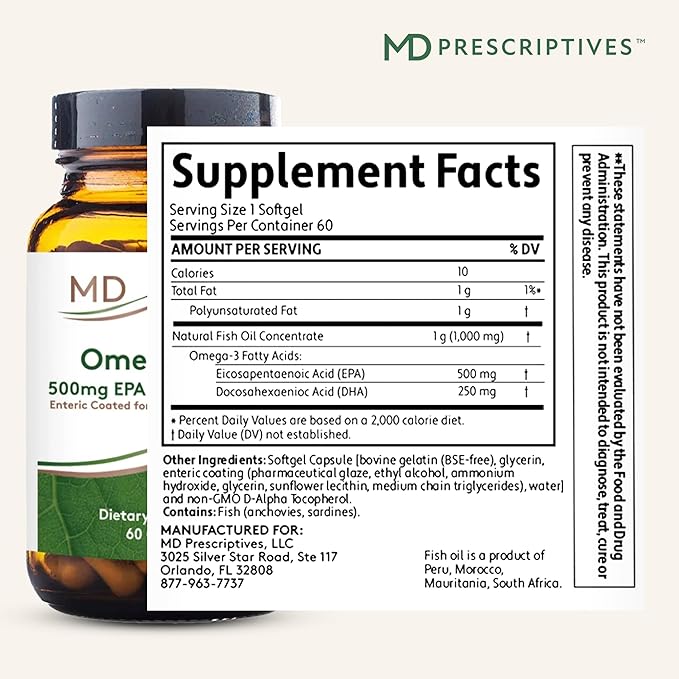 MD Prescriptives Omega MD Supplement - 500 EPA &amp 250 DHA Omega 3 Fish Oil - Supports Brain Health &amp Joints* - No Fishy Smell - 60 Softgels