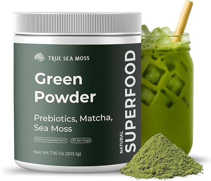 TrueSeaMoss Super Greens Powder with Matcha for Digestive &amp Gut Health – 25 Superfoods with Probiotics Prebiotics Enzymes &amp Sea Moss – Vegan Superfood Powder for Bloating &amp Regularity -