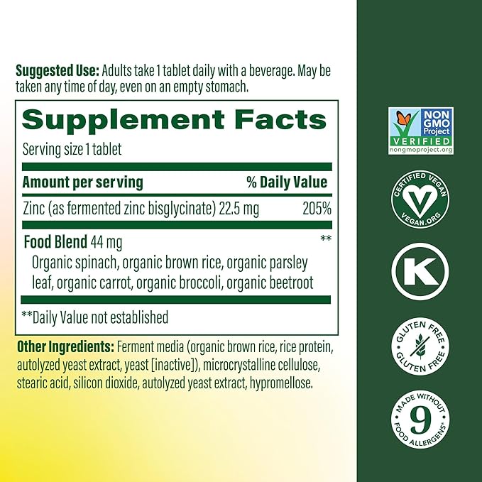 MegaFood Zinc Supplements for Women &amp Men - Vegan Immune Support Supplement with 22.5 mg High Potency Fermented Zinc Tablets - Made with Real Food - 120 Tablets 120 Servings