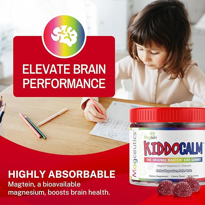 KiddoCalm Magnesium Gummies - Magtein Magnesium L-Threonate Gummy for Kids Focus Calm Sleep Attention &amp Brain Health Support Supplement for Children - 90 Vegan Gummies
