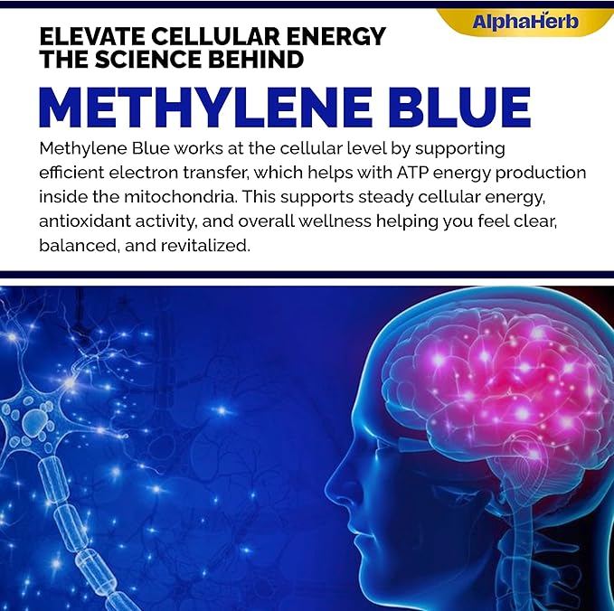Methylene Blue Pharmaceutical Grade USP Grade Boost Energy Enhance Focus &amp Cognitive Support cGMP Certified Gluten-Free Methylene Blue 1% Drops 2 FL OZ (59.2 mL)