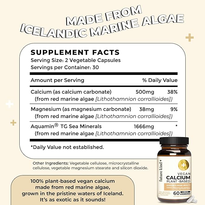 Future Kind Vegan Calcium Supplement - Plant-Based Calcium Magnesium Supplement Sourced from Iceland for Teeth &amp Bone Support (60 Capsules)