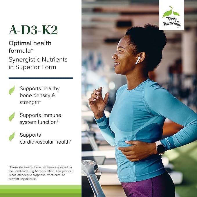 Terry Naturally A•D3•K2 - Healthy Supplement for Immune Support Heart Health &amp Bone Support - Supplement for Strong Bones &amp Healthy Heart - Includes Vitamins A D3 &amp K2-60 Softgels (60 Se