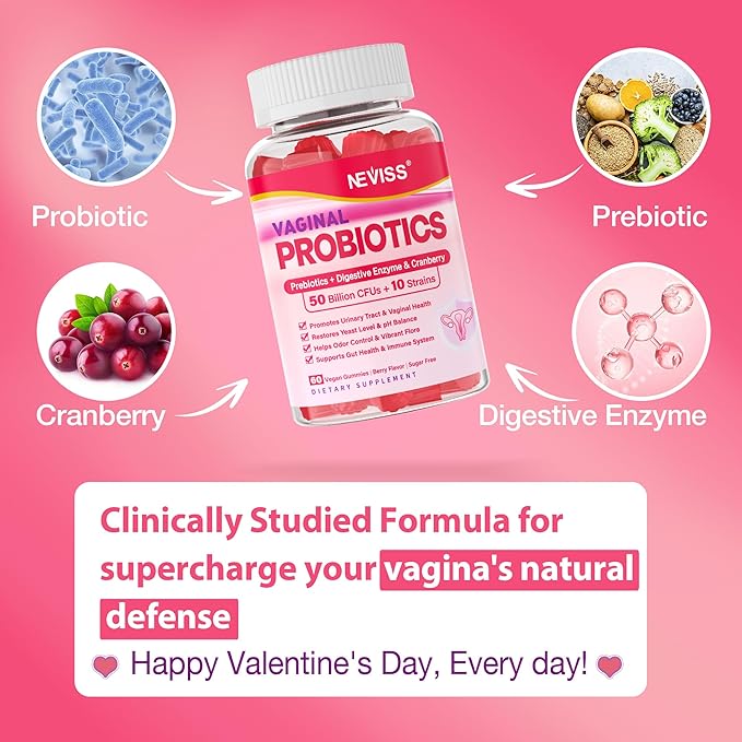 Vaginal Probiotics Gummies for Women PH Balance Odor Control with Prebiotics Cranberry D-Mannose Promotes Feminine Healthy Vaginal Flora Urinary Tract Yeast Digestive Support Sugar Free120Cts
