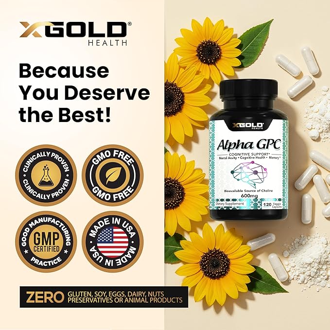 X Gold Health Alpha GPC Choline 600mg Pure Nootropic Supplement 120 Veggie Capsules Cognitive Enhancer for Memory Brain Health &amp Focus
