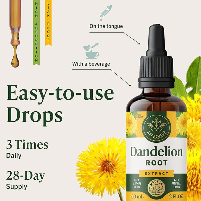 HERBAMAMA Dandelion Root Extract for Liver Detox – Lymphatic Drainage Drops – Dandelion Root Supplement – Non-GMO Alcohol &amp Sugar-Free Liver Support Supplement - 28-Day Supply