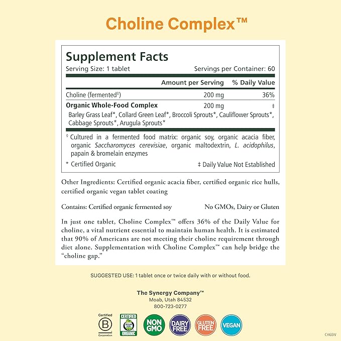 PURE SYNERGY Choline Complex | Vegan Choline Supplement Made with Organic Whole Foods | Non-GMO Bioavailable Complex | for Pregnancy Brain and Liver Health (60 Tablets)