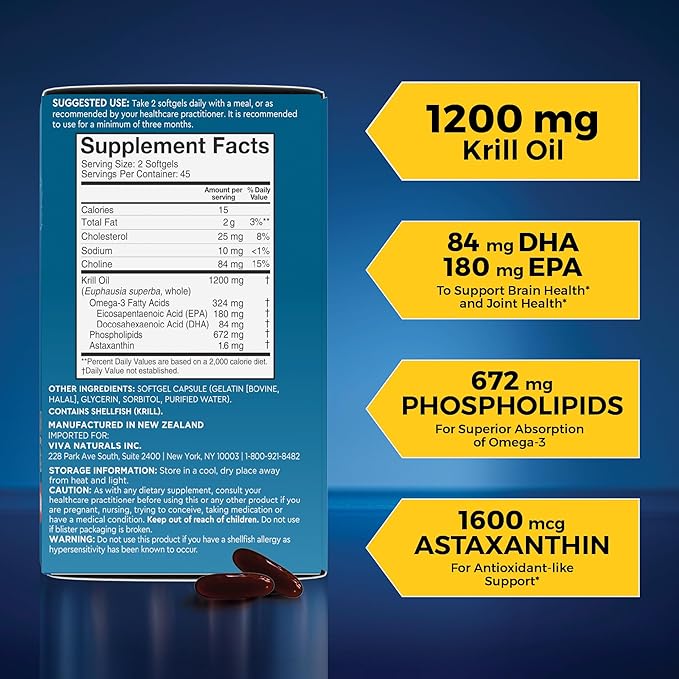 Viva Naturals Antarctic Krill Oil 1200 mg – Omega-3 DHA &amp EPA with Astaxanthin for Joint Health No Fish Burp 90 Softgels