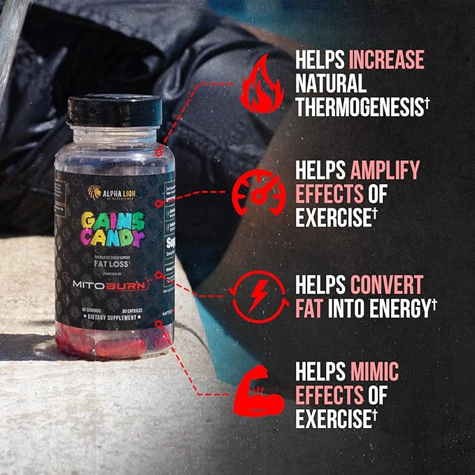 ALPHA LION Gains Candy Supplement Pills that Support Weight Loss Appetite Suppressant Keto-Diet Friendly Decrease Body Fat Upgrade Energy &amp Workout Performance 60 Capsules (MitoBurn®)