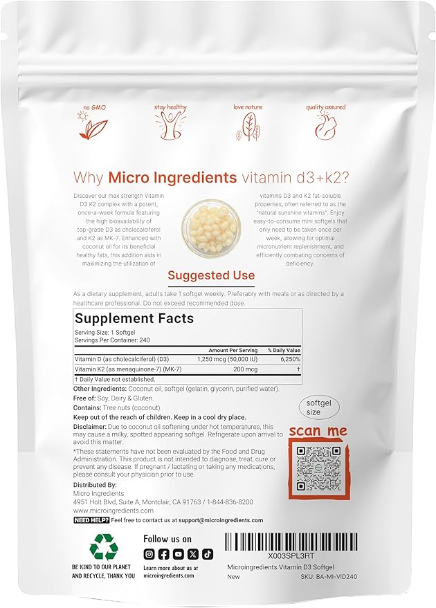 Micro Ingredients Vitamin D3 50000 IU + K2 MK-7 200 mcg 240 Softgels | Virgin Coconut Oil | 2-in-1 Support | Easy to Swallow Non-GMO