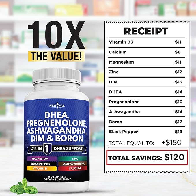 NEW AGE DHEA Supplement - Pregnenolone for Men &amp Women with DIM Ashwagandha Boron Calcium Magnesium Zinc Vitamin D3 5000iu - Support Capsules - 180 Count