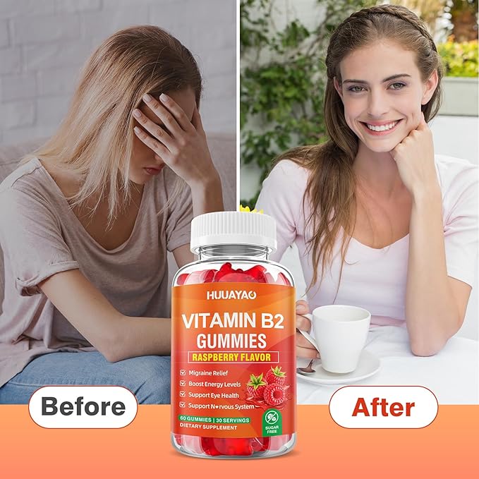 Vitamin B2 Gummies Riboflavin Supplement with Magnesium for Kids &amp Adults B2 Gummies for Migraine Relief &amp Nervous System Support Vegan Sugar-Free Raspberry Flavor 120 Count