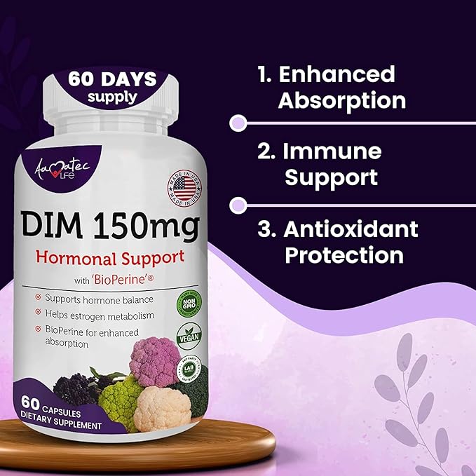 Women’s DIM Complex 150mg - Bioperine Estrogen Balancing Pills for Menopause &amp Hot Flashes Relief Support Hormonal Acne Powerful Supplement - 60 Capsules - Made in USA