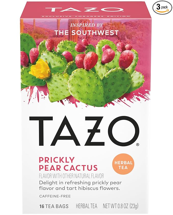 TAZO Prickly Pear Cactus Herbal Tea Caffeine-Free 48 Tea Bags Total (3 Packs) Hibiscus &amp Chamomile Blend Naturally Flavored Sustainably Packaged.