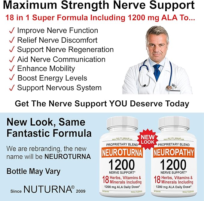 Neuroturna Support Supplement with 1200 mg Pure Alpha Lipoic Acid - Maximum Strength Formula with ALA + Vitamins + Minerals + Herbs - Best Natural Support - 180 Capsules