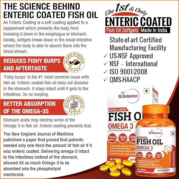 St.Botanica Fish Oil 1000 mg (Double Strength) with 600 mg Omega 3 (330mg EPA 220mg DHA) - 60 Softgels