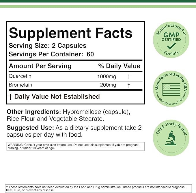 Quercetin with Bromelain - 96% Highly Purified - 120 Count (1200mg Servings) - Supports Healthy Immune Functions in Men and Women (Vegan Safe Third Party Tested Gluten Free) by Double Wood