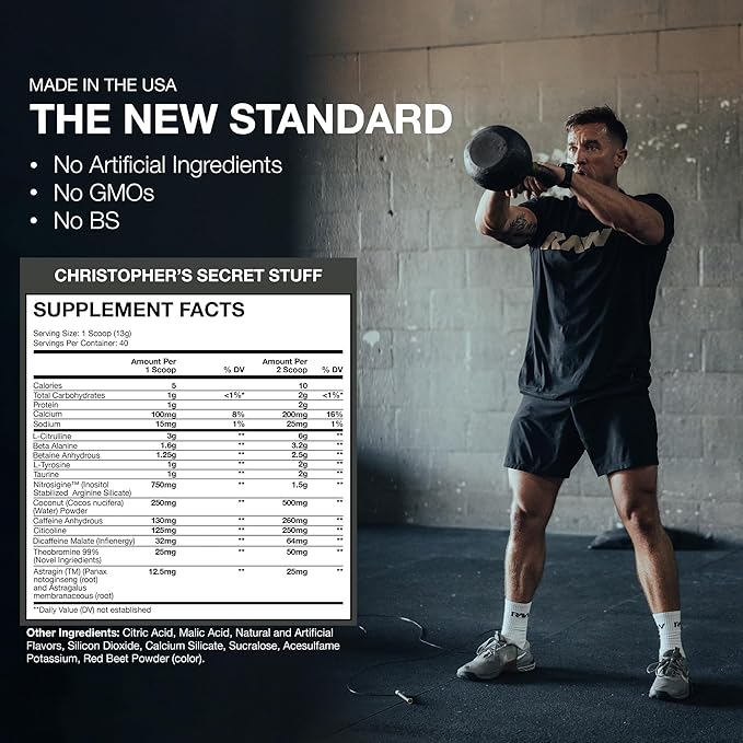 RAW Christopher's Secret Stuff Pre Workout Powder Thavage (Tastes Like Winning) - Chris Bumstead CBUM Preworkout Supplement for Men &amp Women - Working Out Hydration &amp Energy - 40 Servings