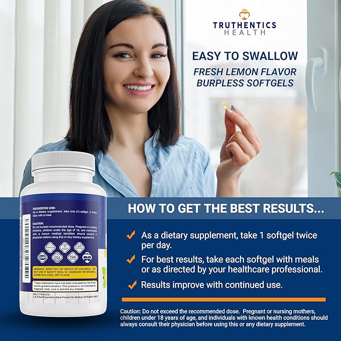 TRUTHENTICS Omega 3 Fish Oil - 2400 mg Triple Strength High EPA + DHA Omega-3 Fatty Acids for Men &amp Women - Burp-Free Lemon Flavor Fish Oil Supplement - 60 Softgels