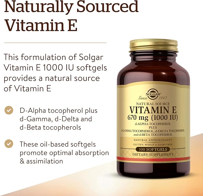 Solgar Vitamin E 670 mg (1000 IU) 100 Mixed Softgels - Natural Antioxidant Skin &amp Immune System Support - Naturally-Sourced Vitamin E - Gluten Free Dairy Free - 100 Servings