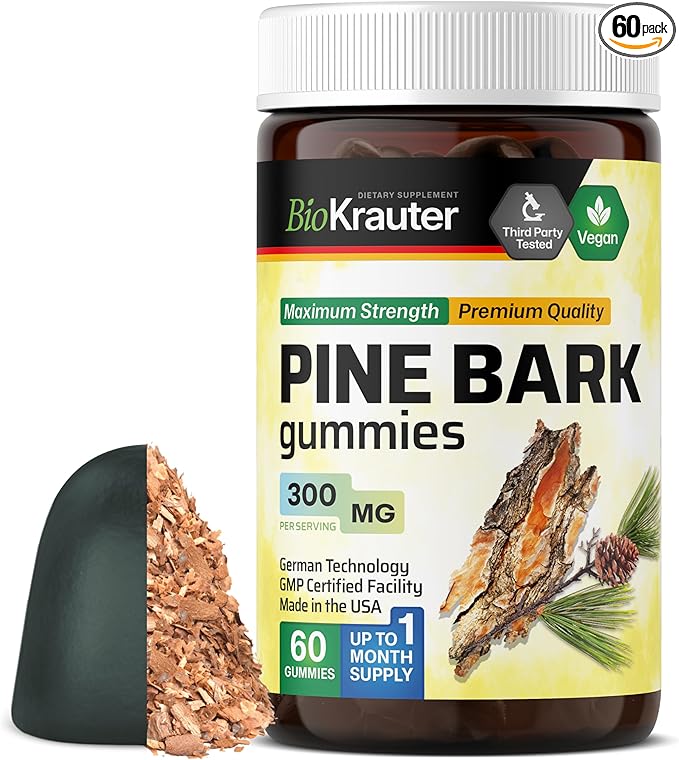 BIO KRAUTER® Pine Bark Extract for Skin &amp Antioxidant Support - French Maritime Pine Bark Gummies 300 mg for Clear Skin - 90 Gummies 45-Day Supply - Non-GMO Blueberry Flavor