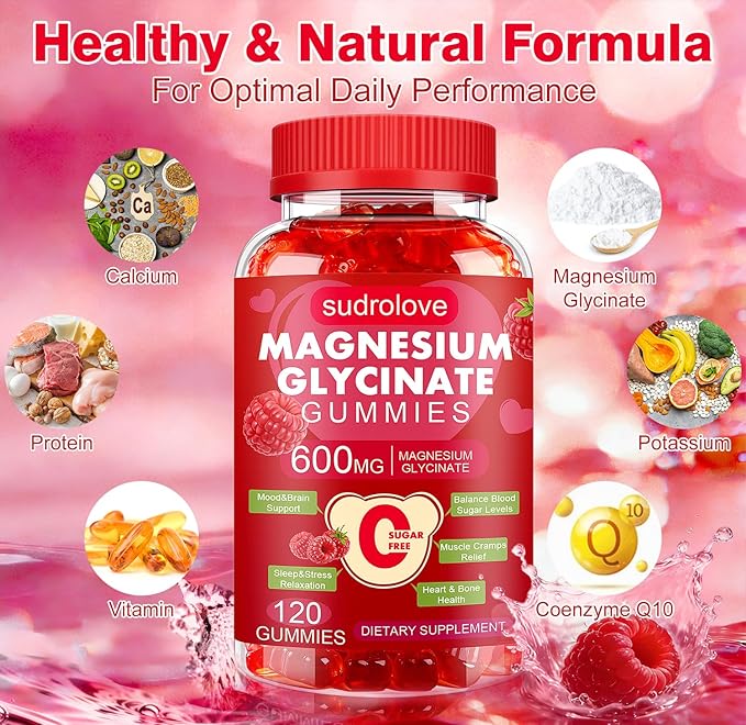 Magnesium Glycinate Gummies 600mg- Sugar Free Mg Potassium Supplement with Magnesium Glycinate Vitamin D B6 and CoQ10 for Calm Support &amp Sleep for Adults 60 Days Supply ((Pack of 2) Raspberry)