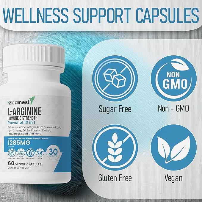 L-Arginine Capsules - 1285MG Blend of Ashwagandha L-Theanine Magnesium GABA Zinc &amp Tart Cherry - Non-GMO 60 Veggie Capsules for Men and Women