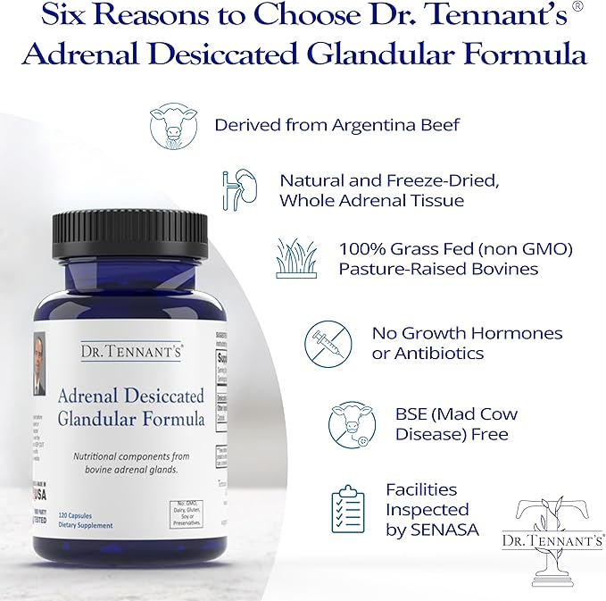 Dr. Tennant's Stress &amp Adrenal Support Helps Cortisol Production &amp Stress Management Promotes Endocrine Health Immune &amp Cellular Function Each Capsule has 200 mg of Bovine Adrenal