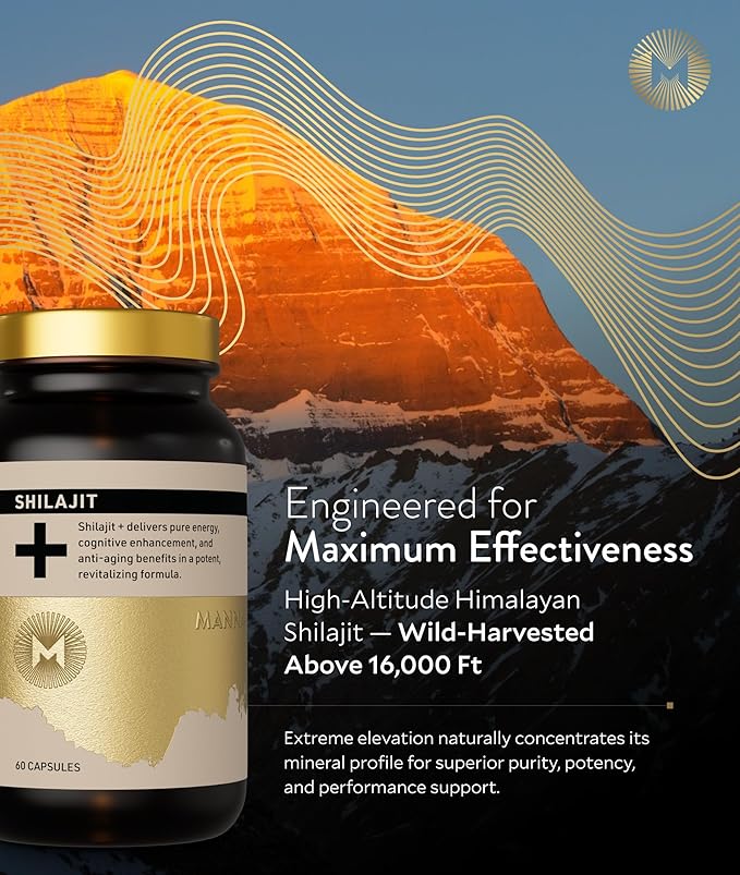 Manna Vitality Shilajit+ Capsules | 1000mg Purified Himalayan Shilajit Resin Supplement | Highest Bioavailability | Energy Performance Detox Vitality Mental Clarity &amp Cognitive Support | 60 Co