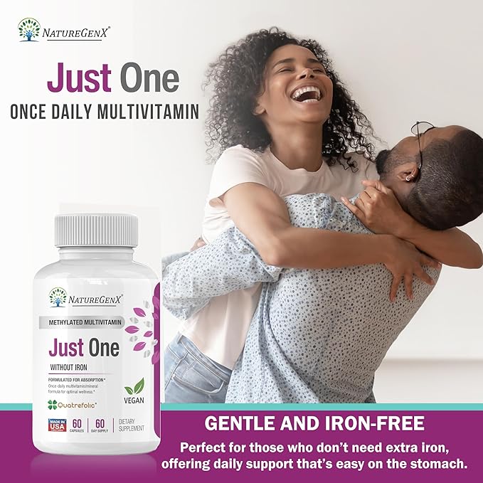 Just One Daily Methylated Multivitamin – Iron-Free with Methyl B12 &amp Methylfolate – Methylation Support for Men &amp Women – Vegan Gluten-Free Non-GMO – 60 Capsules (2-Month Supply)